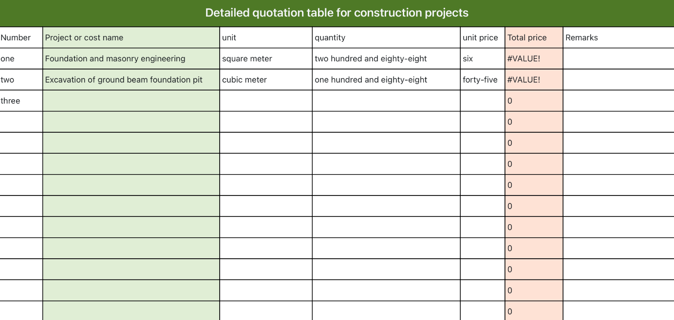 Quotation schedule for construction works（Automatic statistics） 1